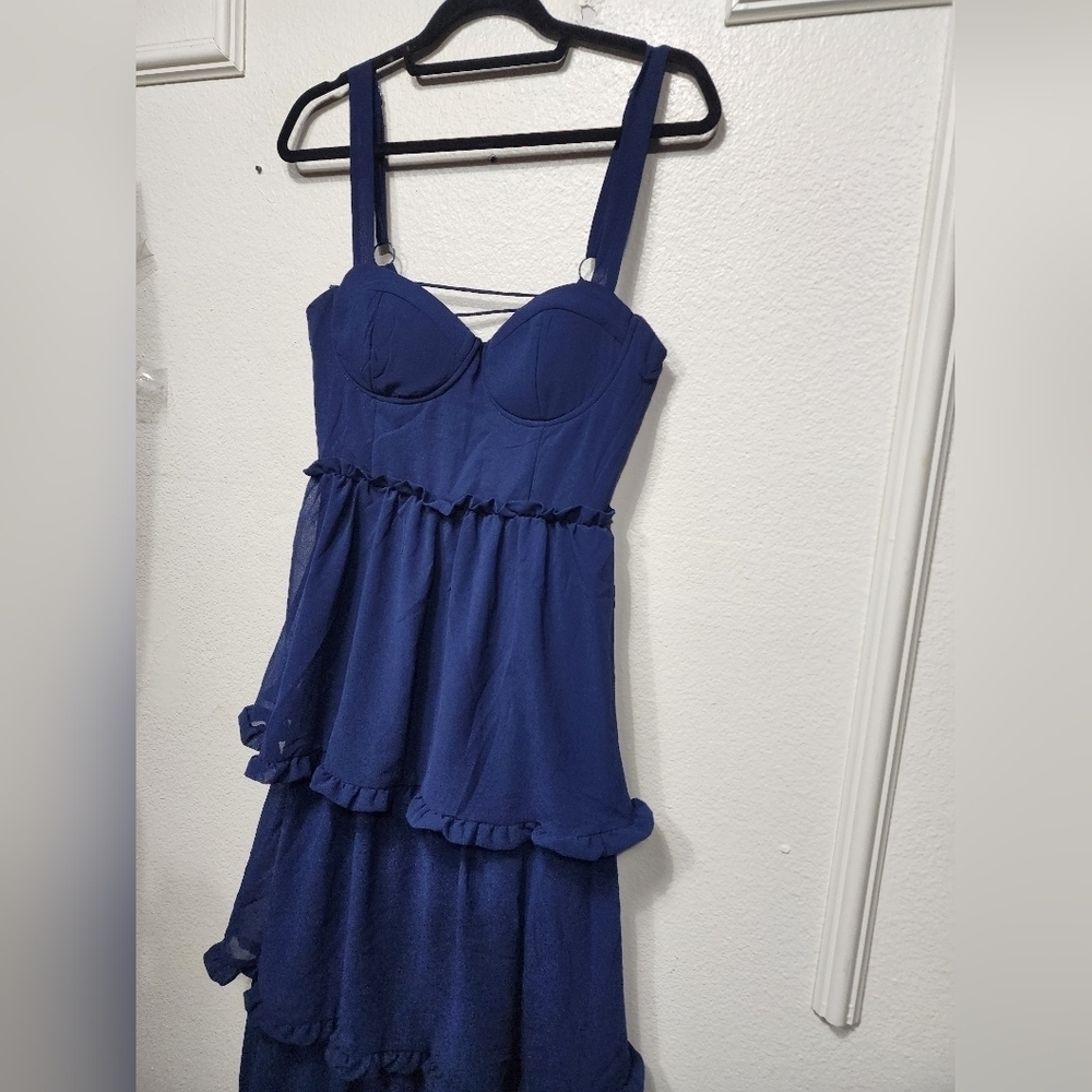 Lulus Sophisticated Occasion Navy Blue Bustier Lace-Up Maxi Dress Wedding - Picture 8 of 10